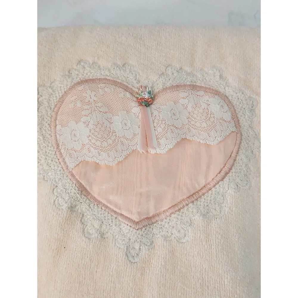 Vtg 1980s Bibb Mills Bath Towel Peach Pink Satin Lace Heart Cottagecore Coquette